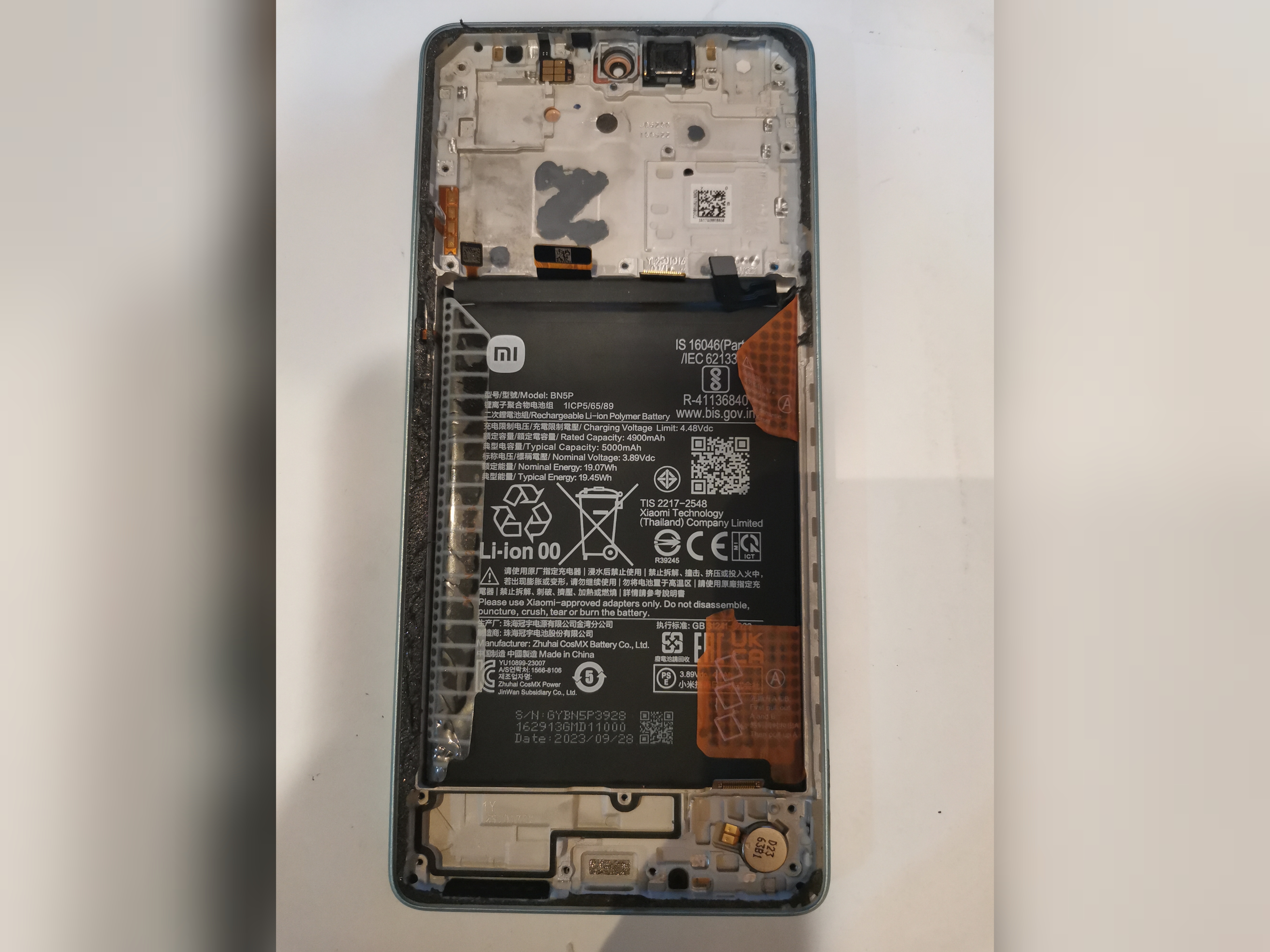تاچ ال سی دی اصلی روکاری با فریم و باطری شیائومی Xiaomi Redmi Note 13R رنگ ابی اسمانی کامل با فلت ولوم و دکمه ها فلت مین برد اسپیکر ویبره